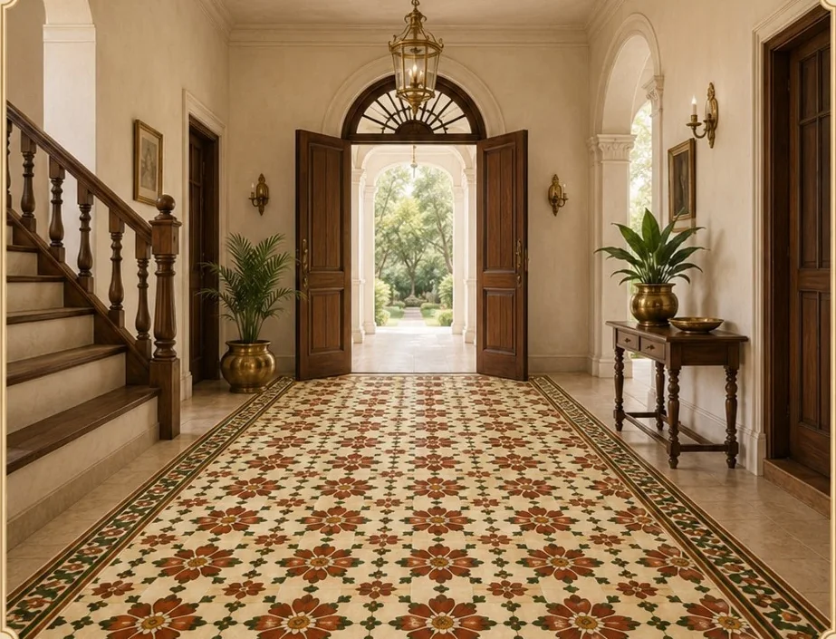 Arched entrance hall with a complete Athangudi patterned floor