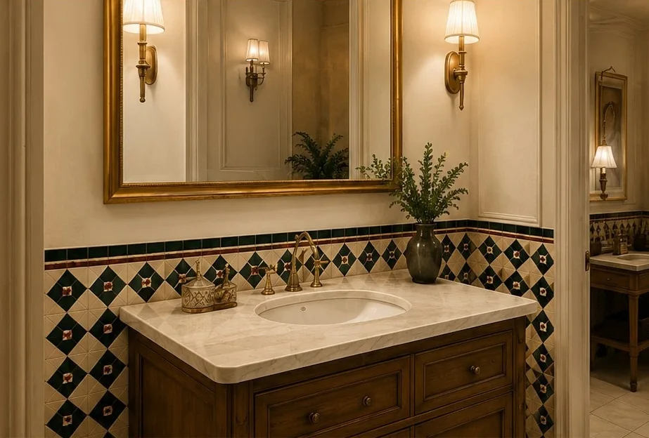 Bathroom vanity with geometric Athangudi tile wall border