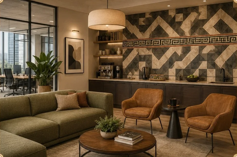 Breakout room with a broad geometric Athangudi tile accent wall