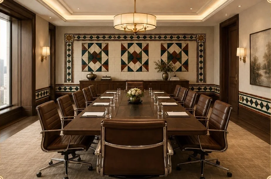 Conference room with framed geometric Athangudi tile wall panels