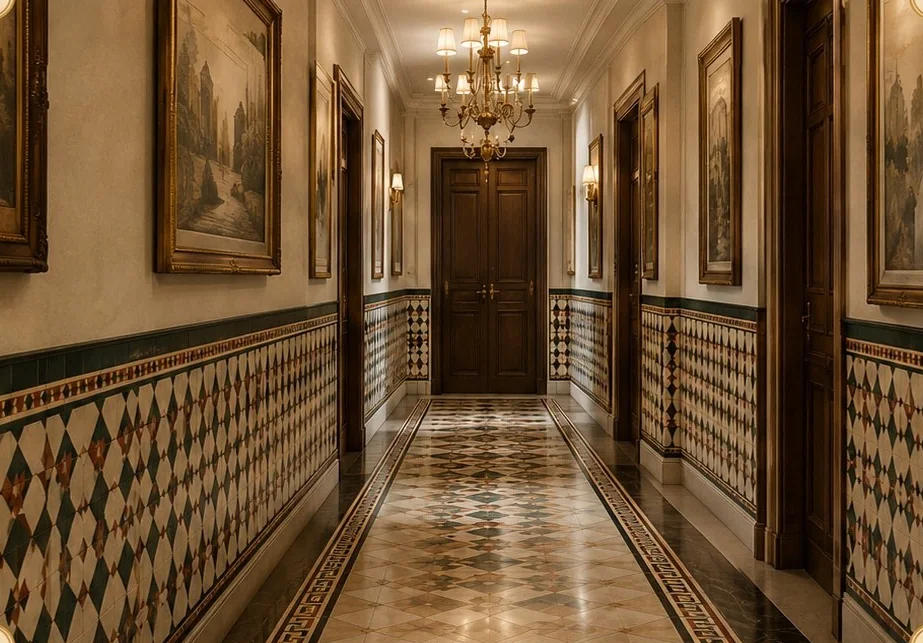 Long corridor with continuous Athangudi tile wall treatment