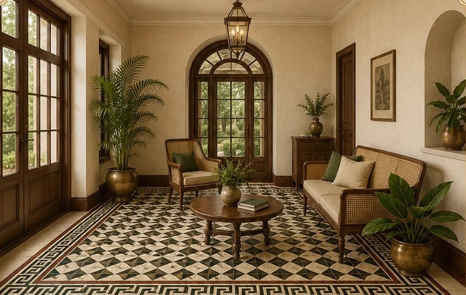 Light-filled courtyard room with monochrome Athangudi tiles
