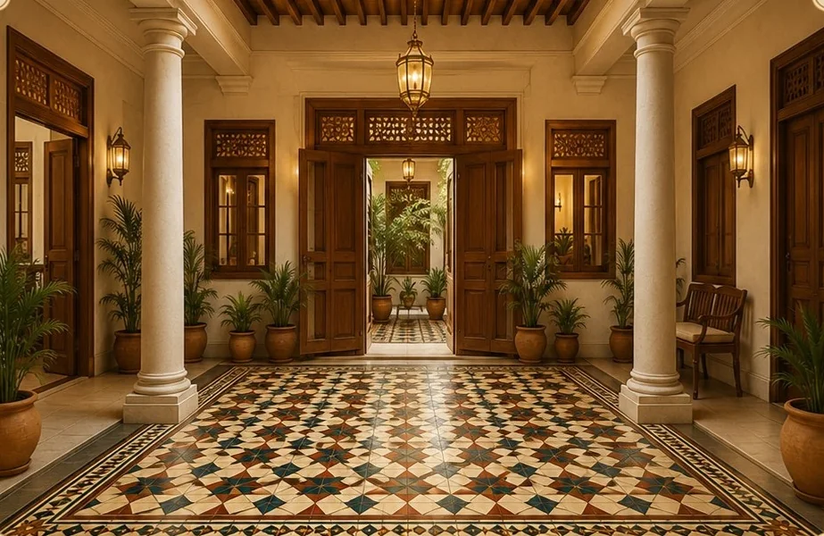Columned courtyard with a geometric Athangudi tile field