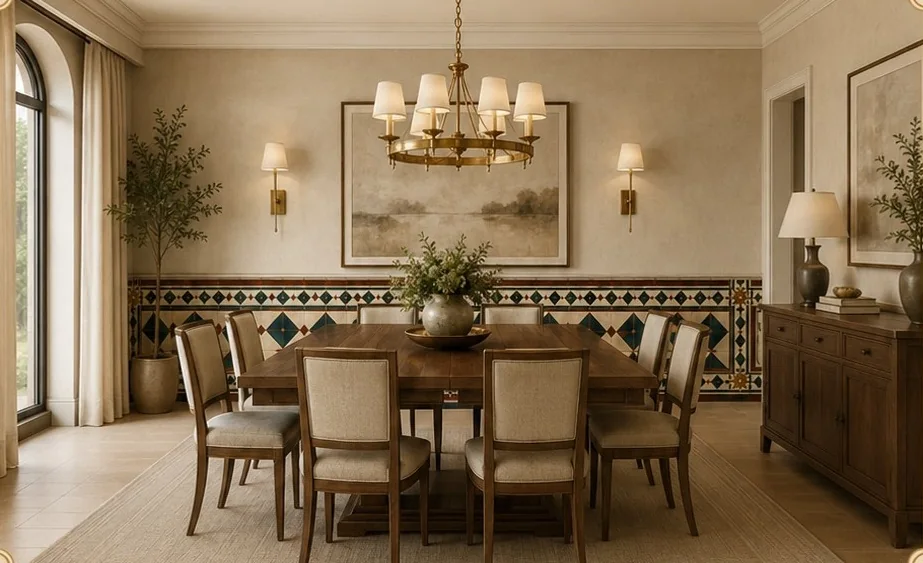 Dining room with geometric Athangudi tile wainscoting