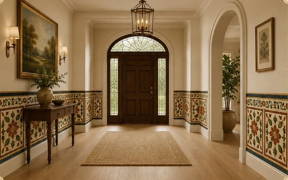 Grand entrance with floral Athangudi tile wainscoting