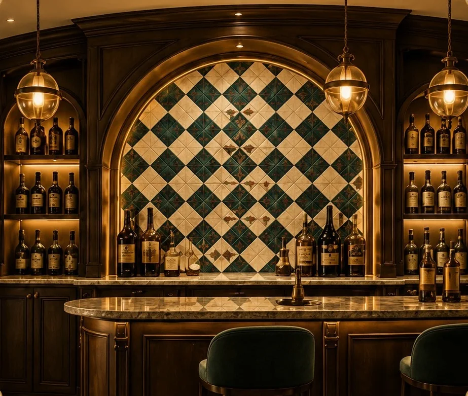Home bar with an arched Athangudi tile back wall
