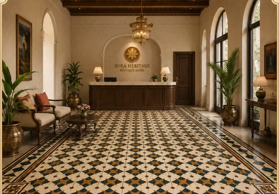 Hospitality reception with a complete Athangudi patterned floor