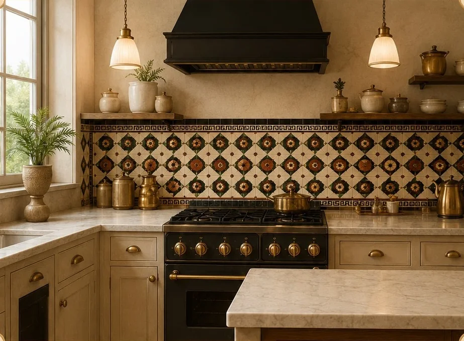 Kitchen with a repeating floral Athangudi tile backsplash