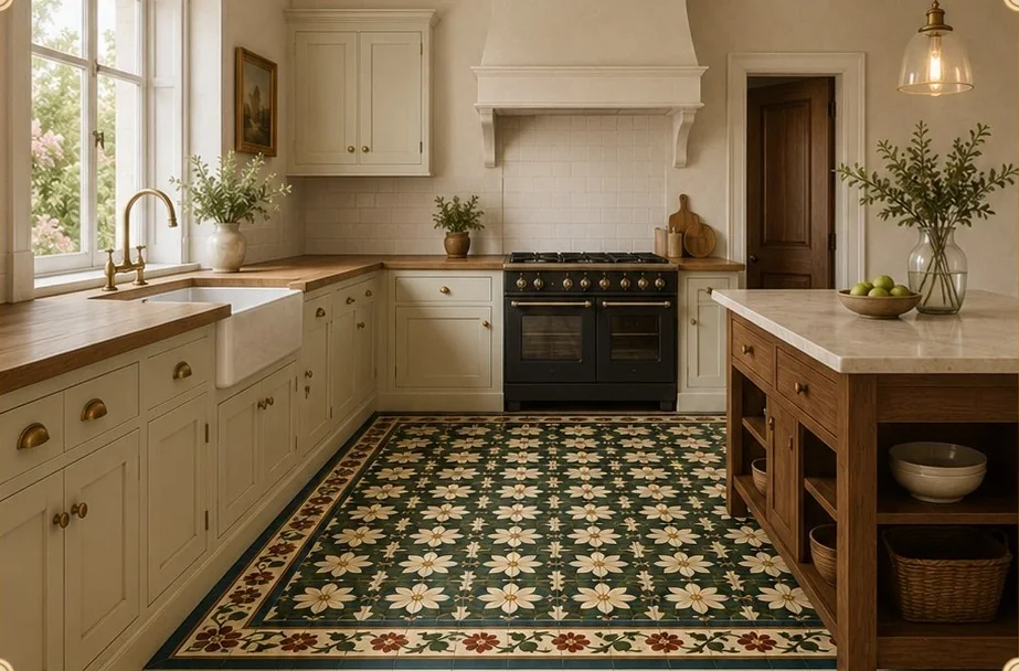 Light kitchen with a floral Athangudi tile floor