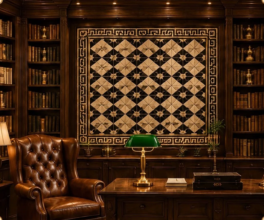 Dark wood library with a monochrome Athangudi tile feature wall