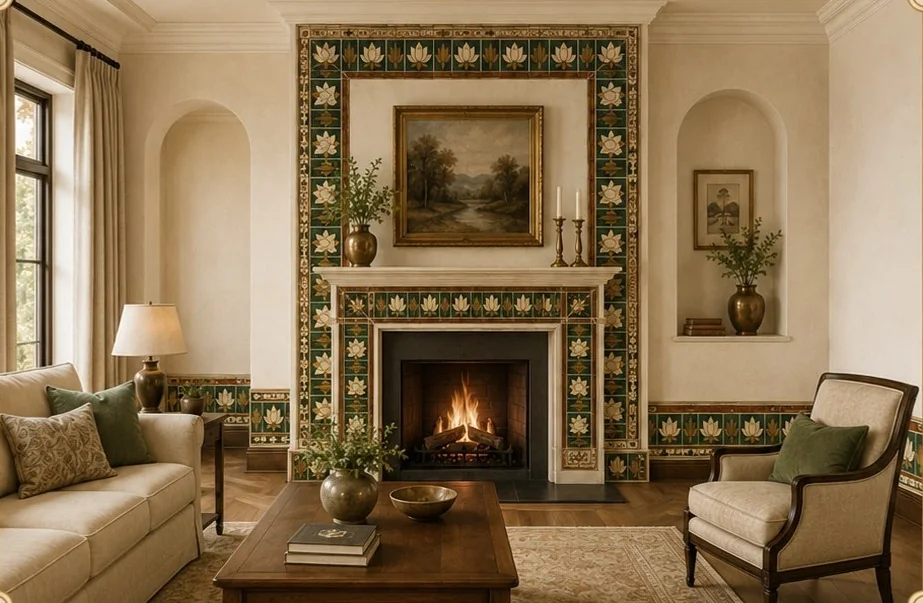 Living room fireplace framed with lotus Athangudi tiles