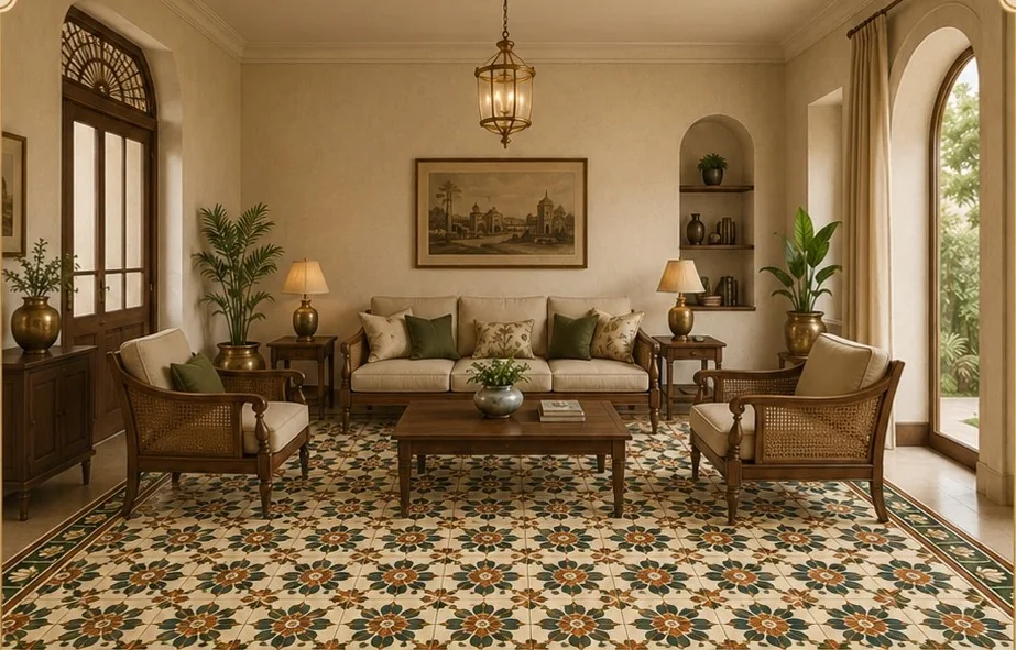 Living room with a complete floral Athangudi tile floor