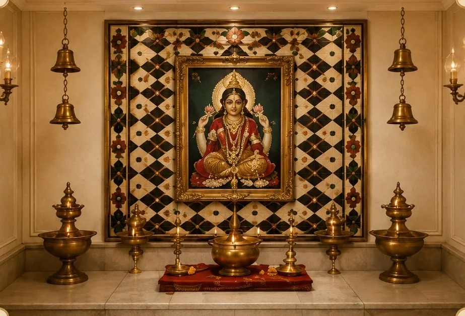 Puja room with a framed Athangudi tile back wall