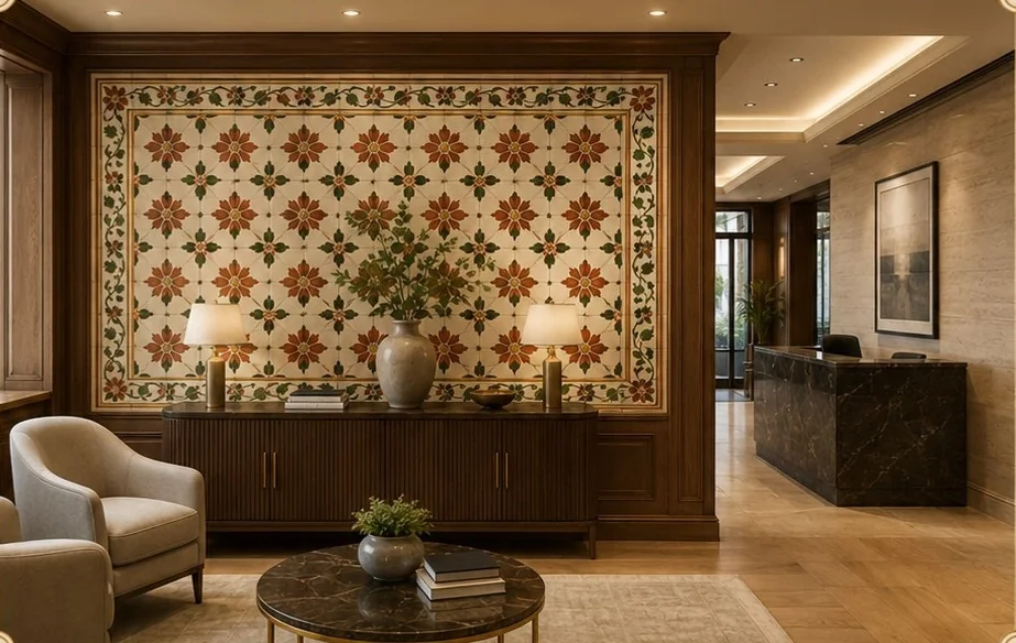 Receiving room with a framed floral Athangudi tile wall