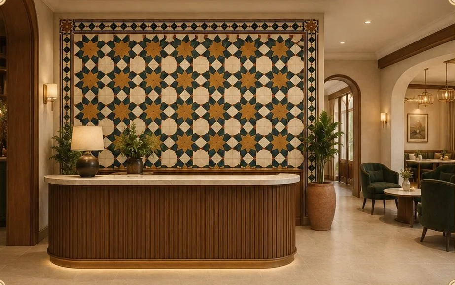 Reception desk with a large Palace Star Athangudi tile wall