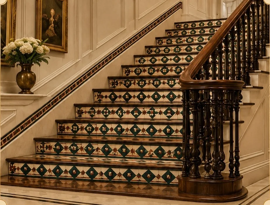 Traditional staircase with patterned Athangudi tile risers and skirting