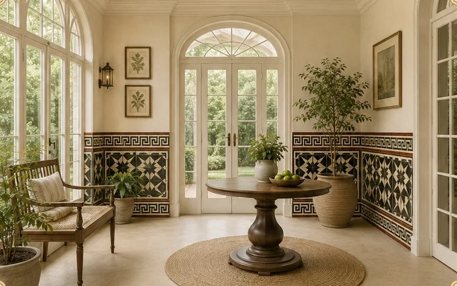 Garden verandah with monochrome Athangudi tile wall panelling