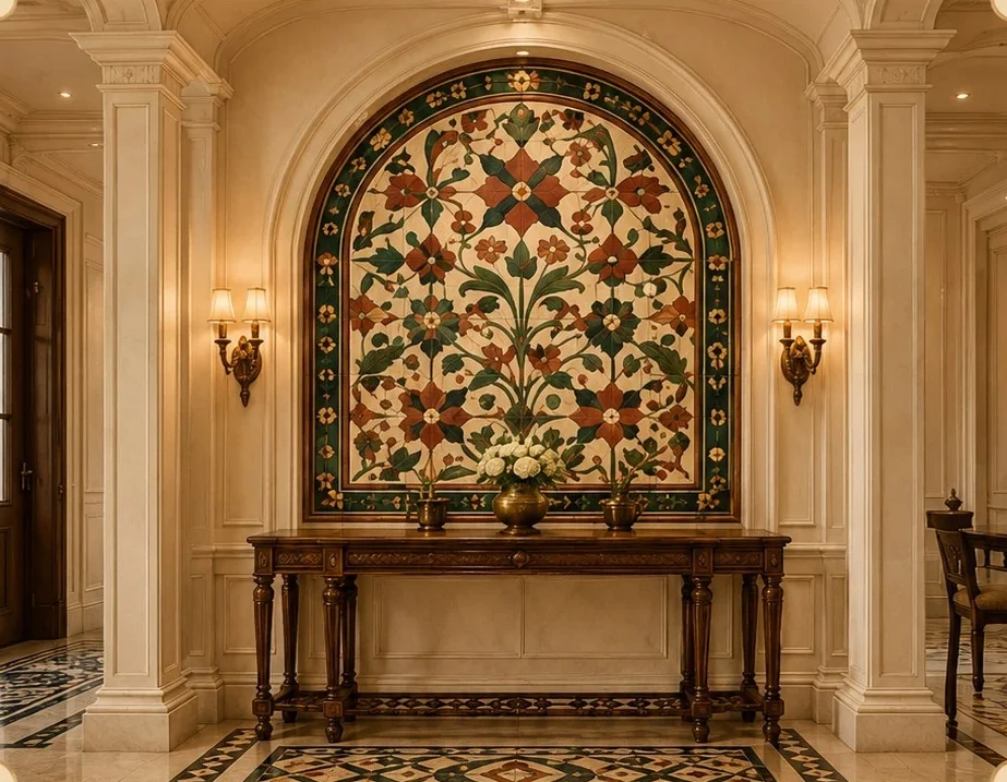 Villa foyer niche with an arched floral Athangudi tile composition