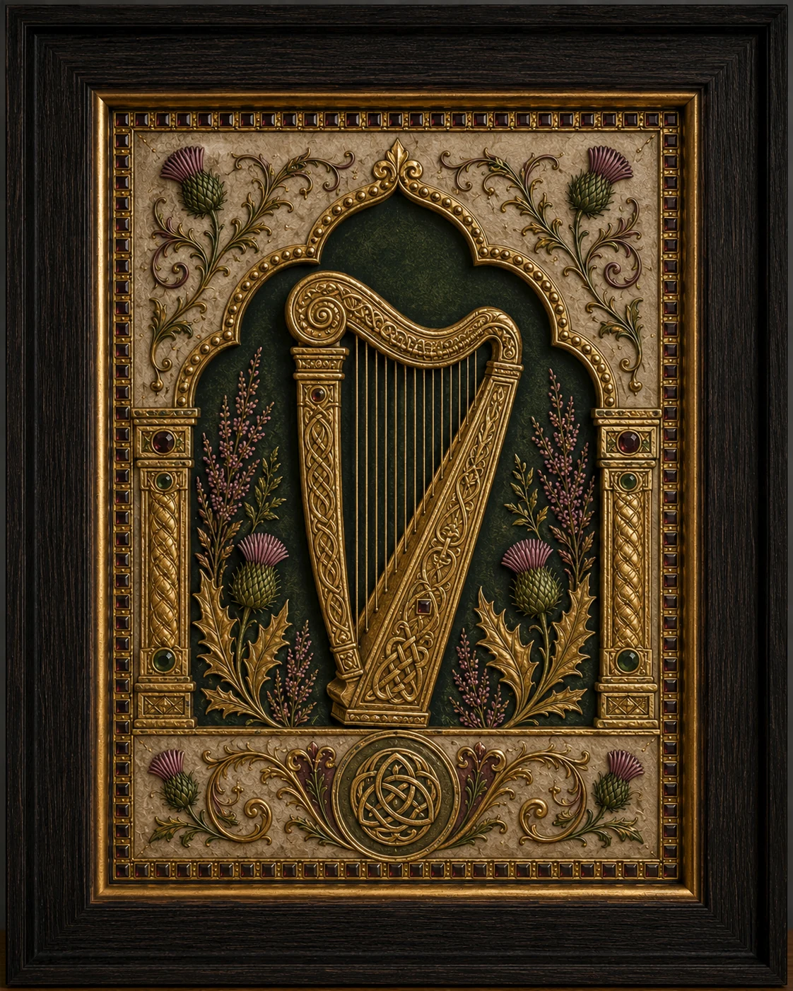 A gilded Celtic harp framed by an ornamental arch