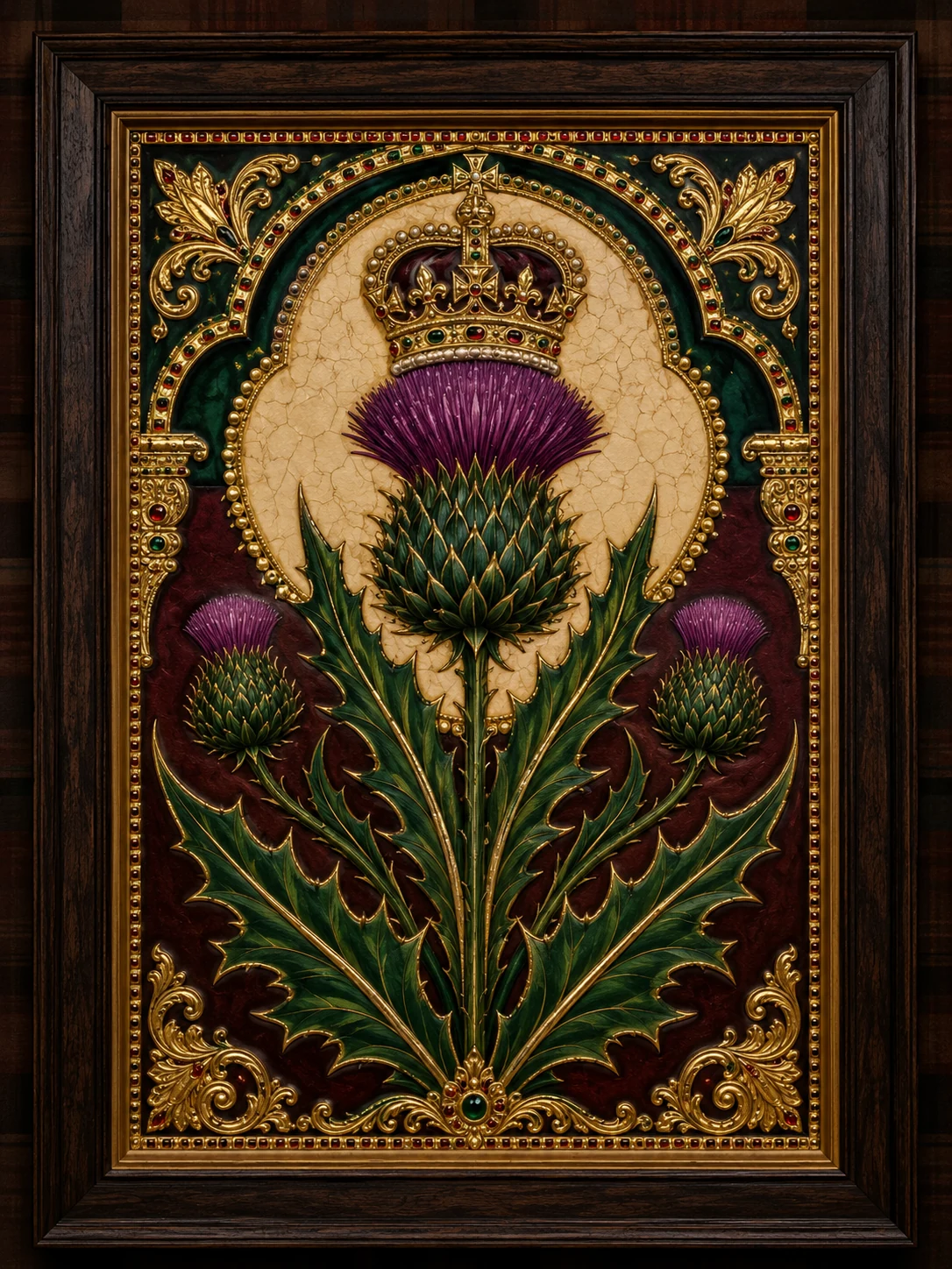 A crowned Scottish thistle in a richly gilded frame