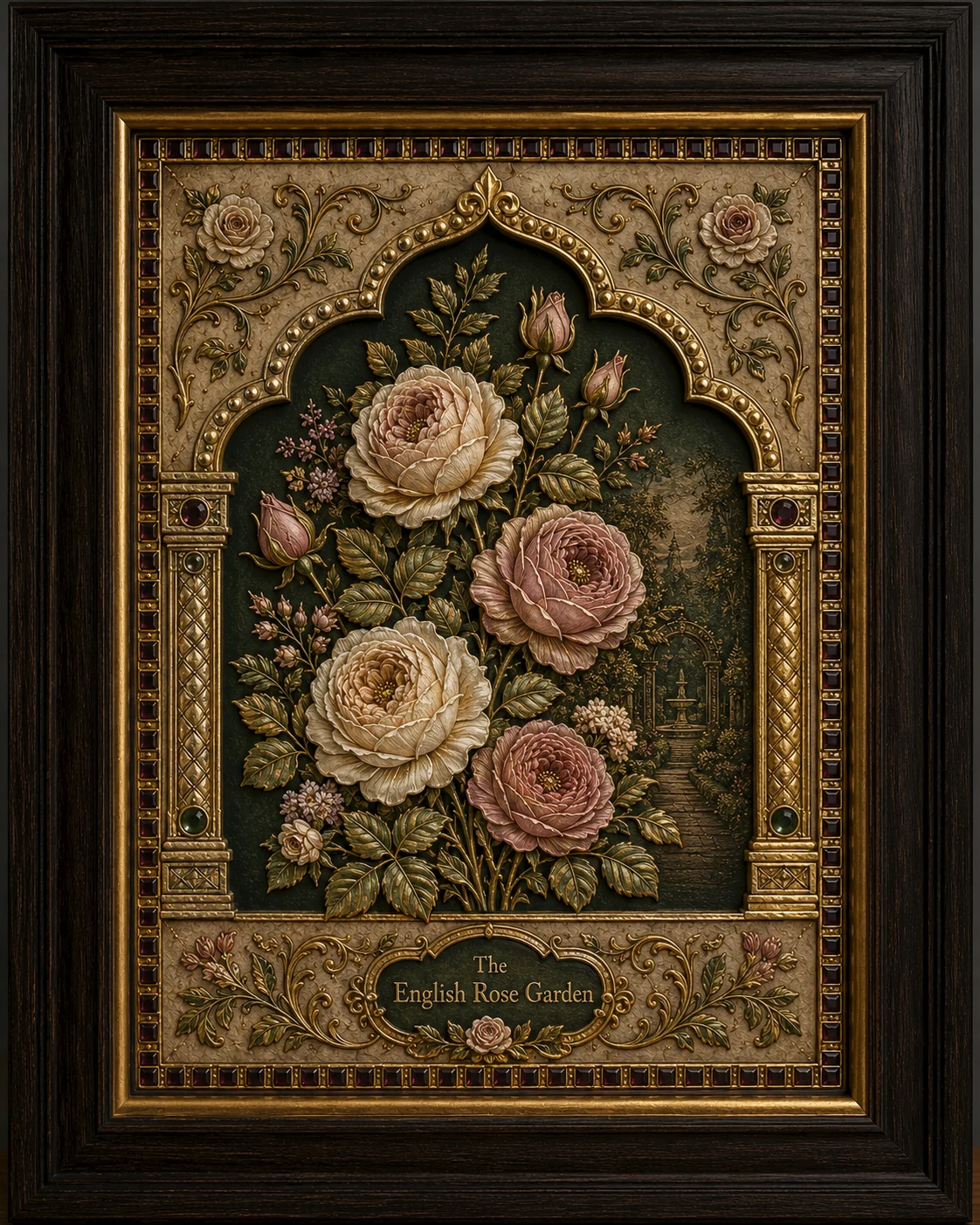 English roses within an ornate gilded garden arch