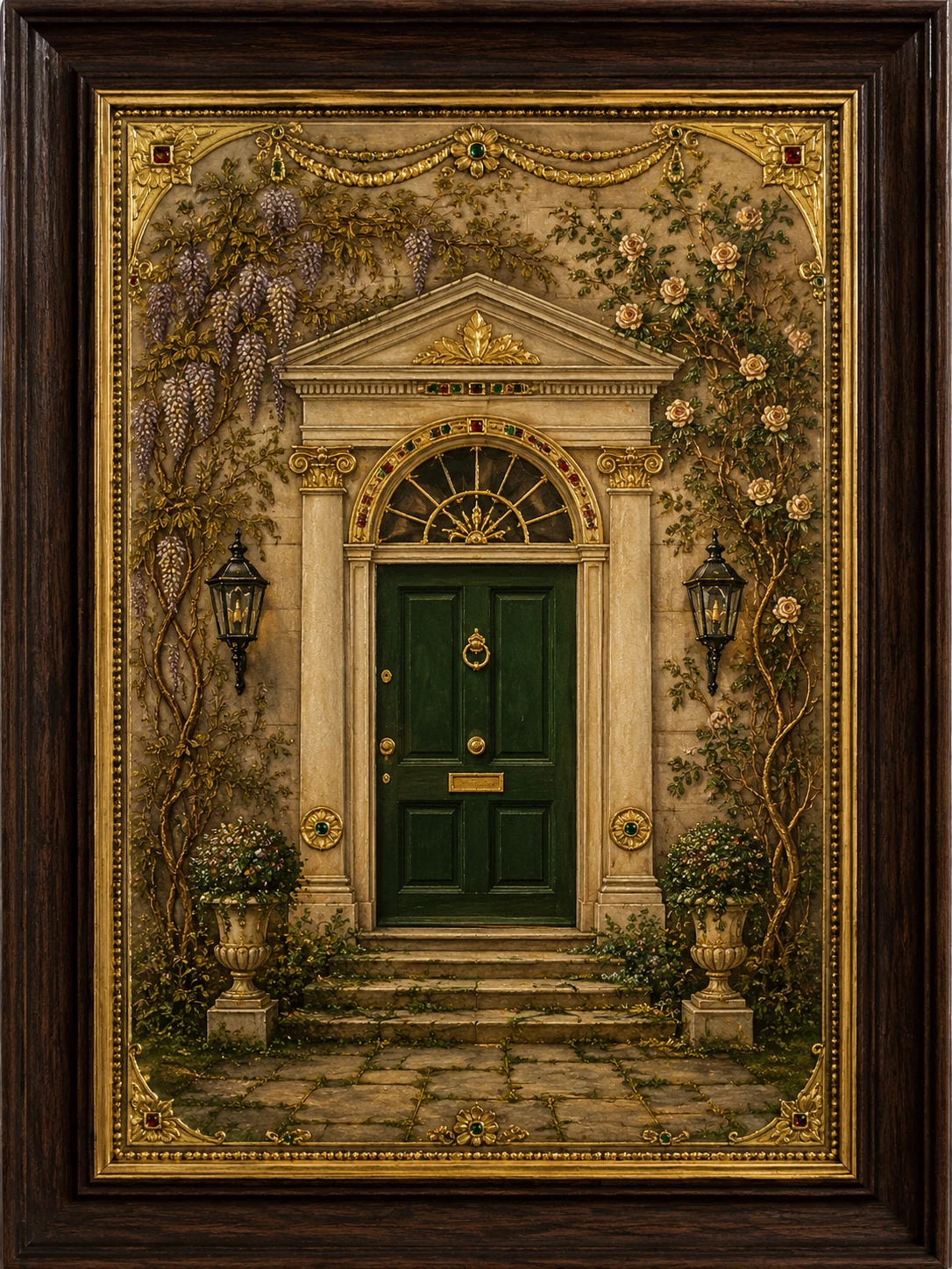 A green Georgian doorway surrounded by flowers and gold relief