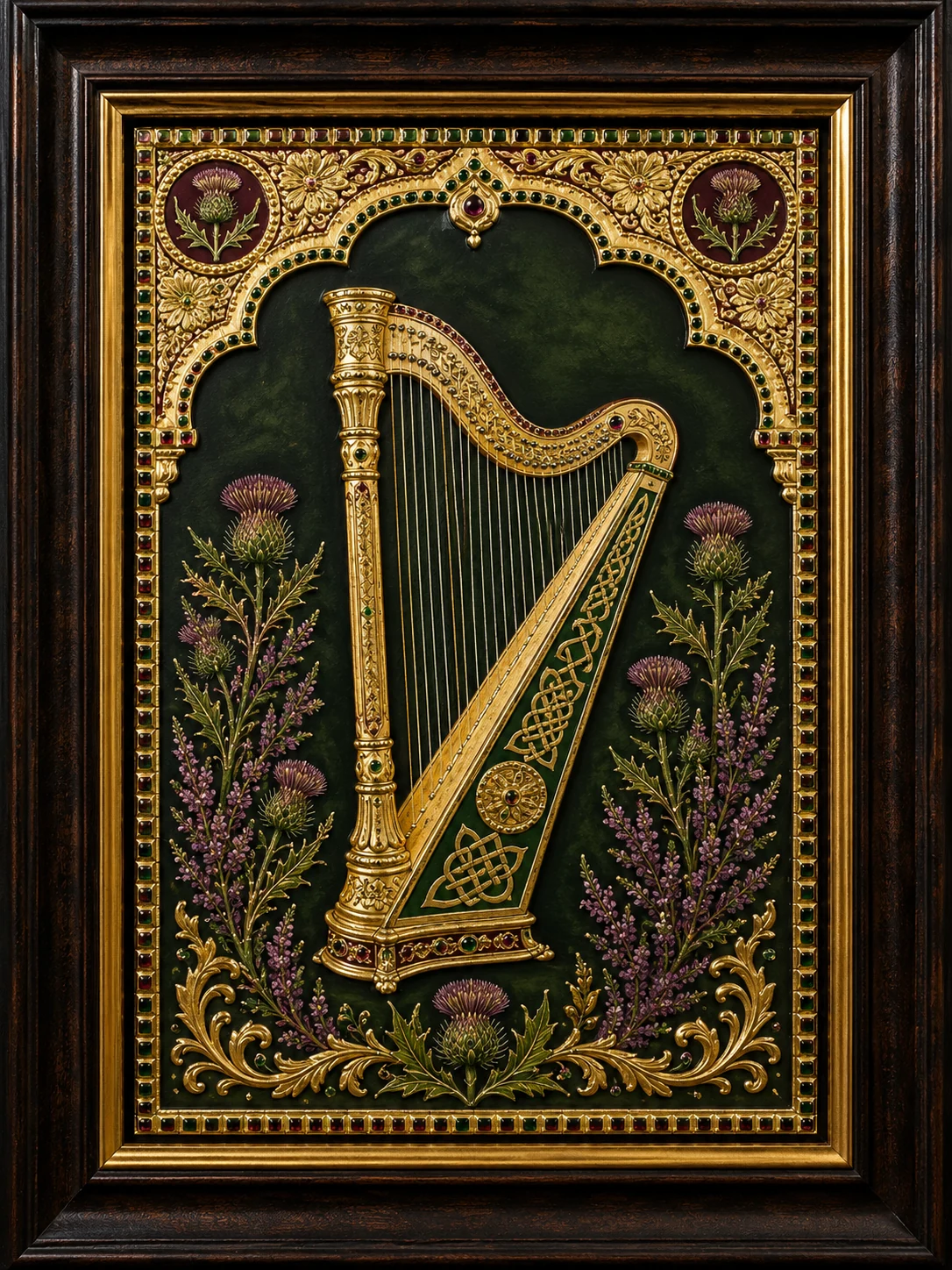 A gilded Celtic harp surrounded by thistles and heather