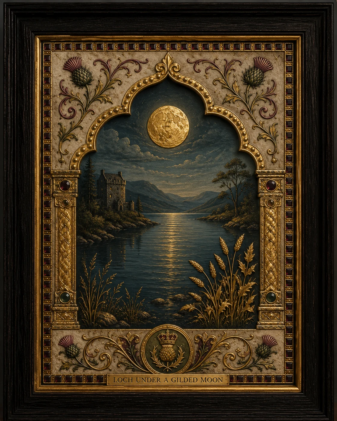 A moonlit loch and castle inside a gilded arch