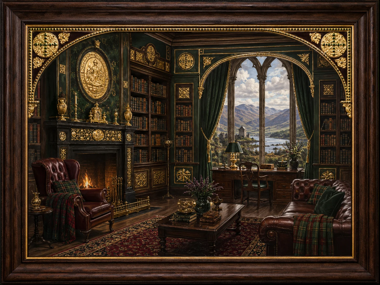 A Highland library overlooking a loch in a broad wooden frame