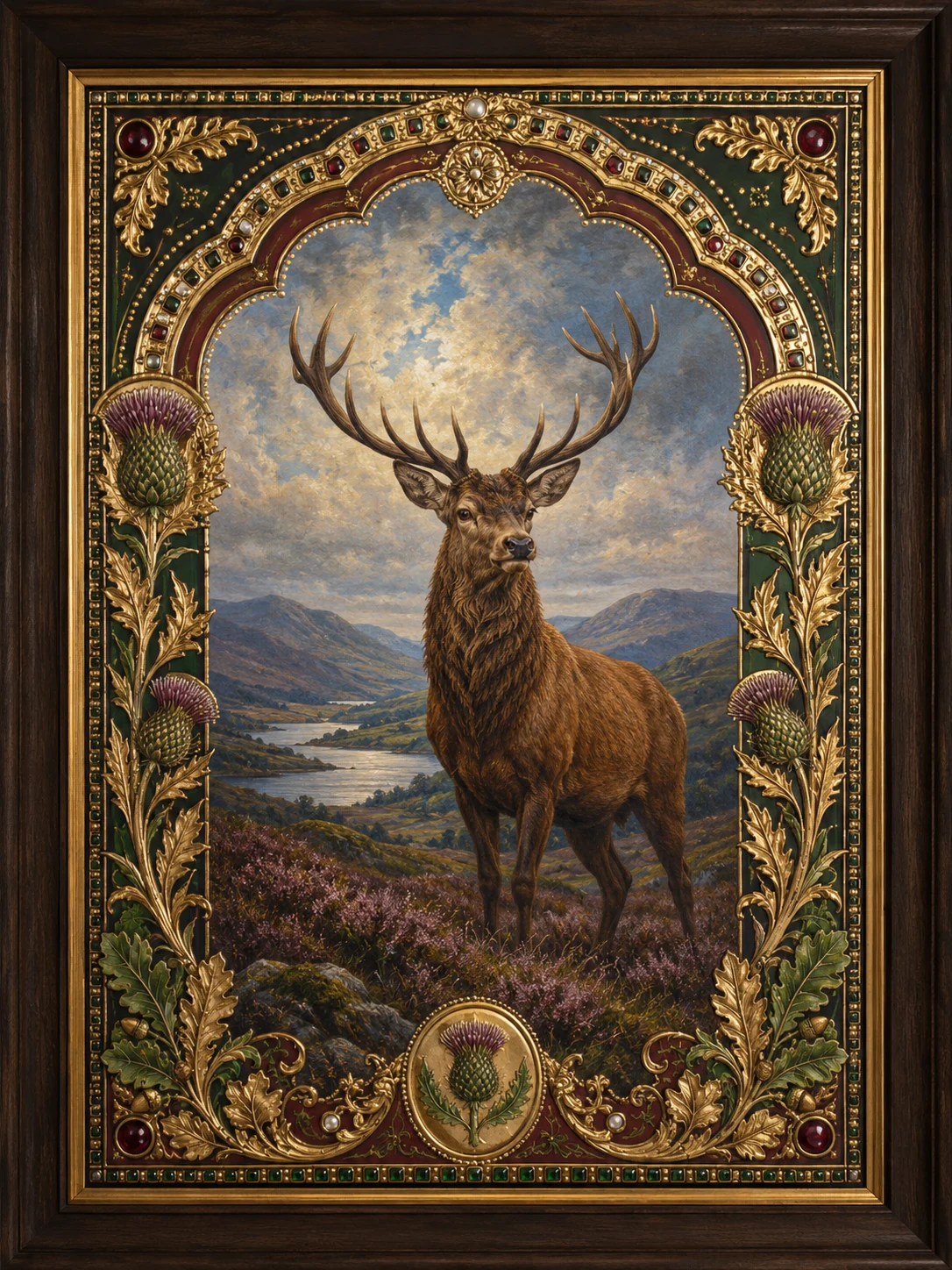 A stag in a Highland landscape framed by gilded thistles