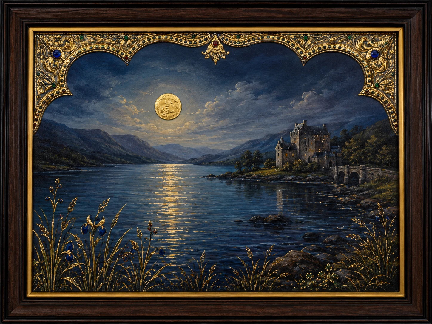 A moonlit Scottish loch with a castle in a gilded frame