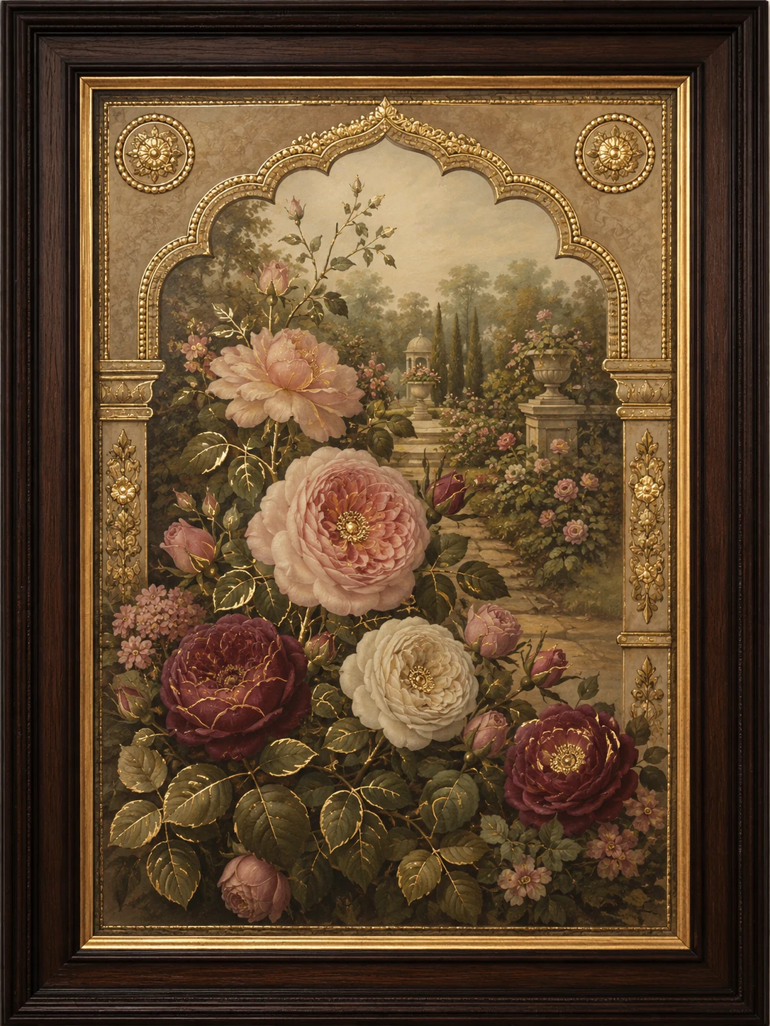 A formal rose garden in a carved wooden and gold frame