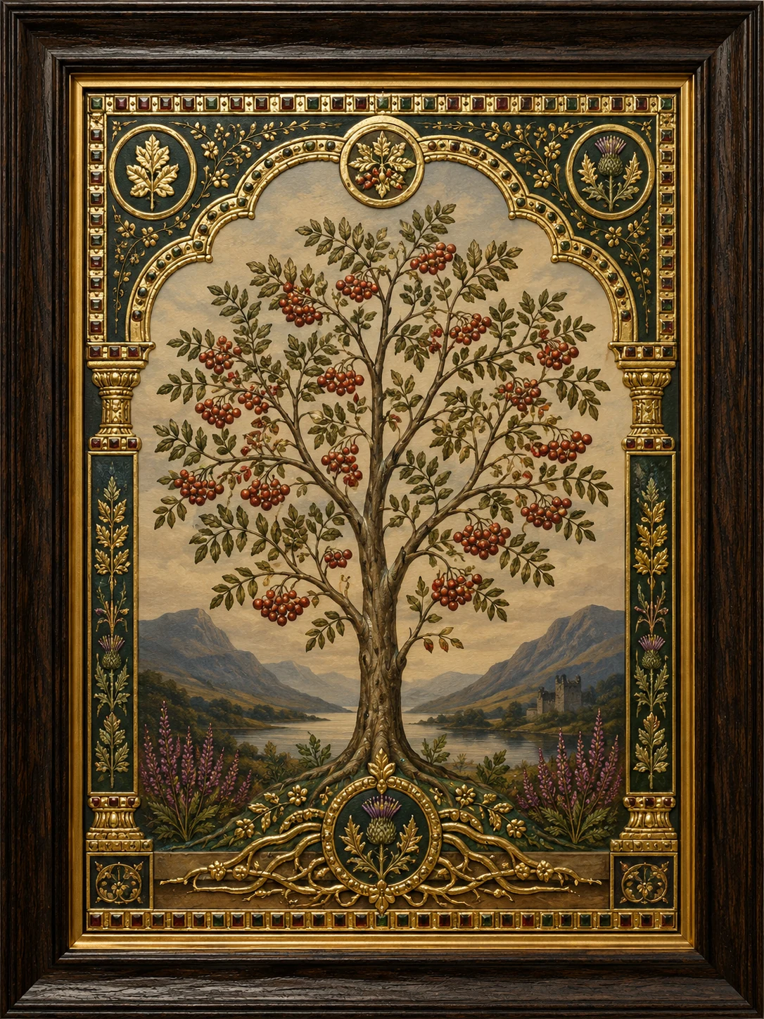 A rowan tree with red berries in a Celtic inspired gold relief frame
