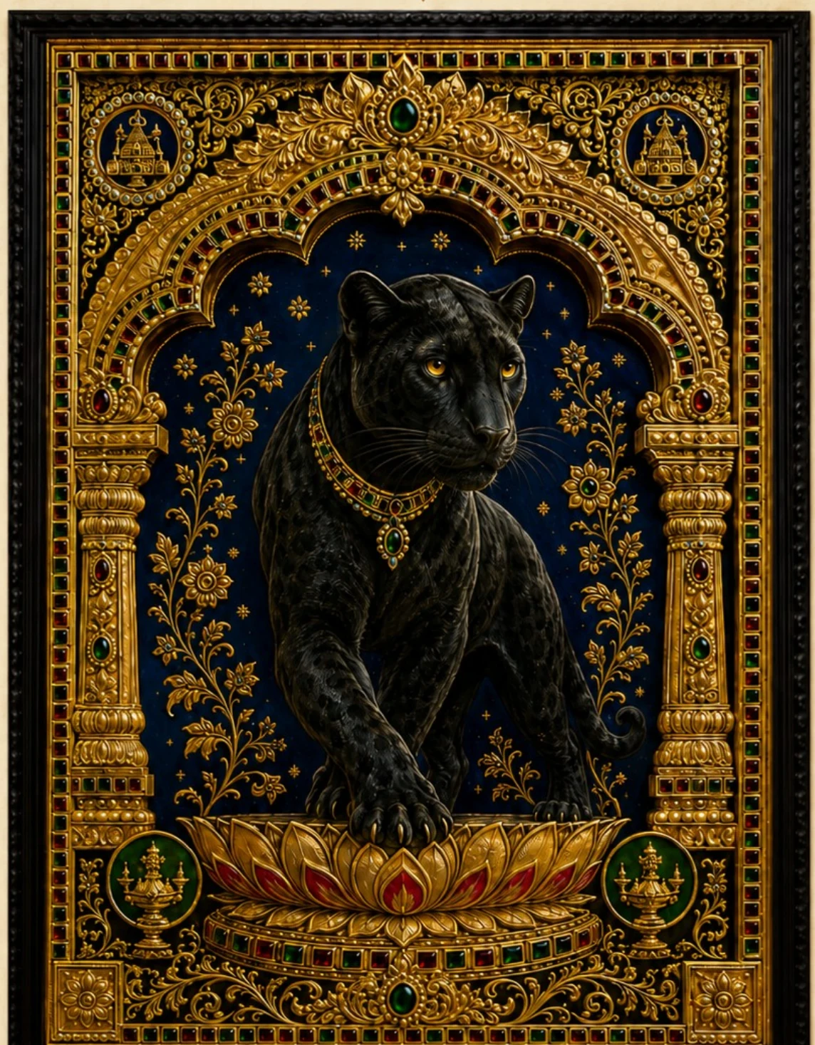 A black panther stepping forward within a gilded arch