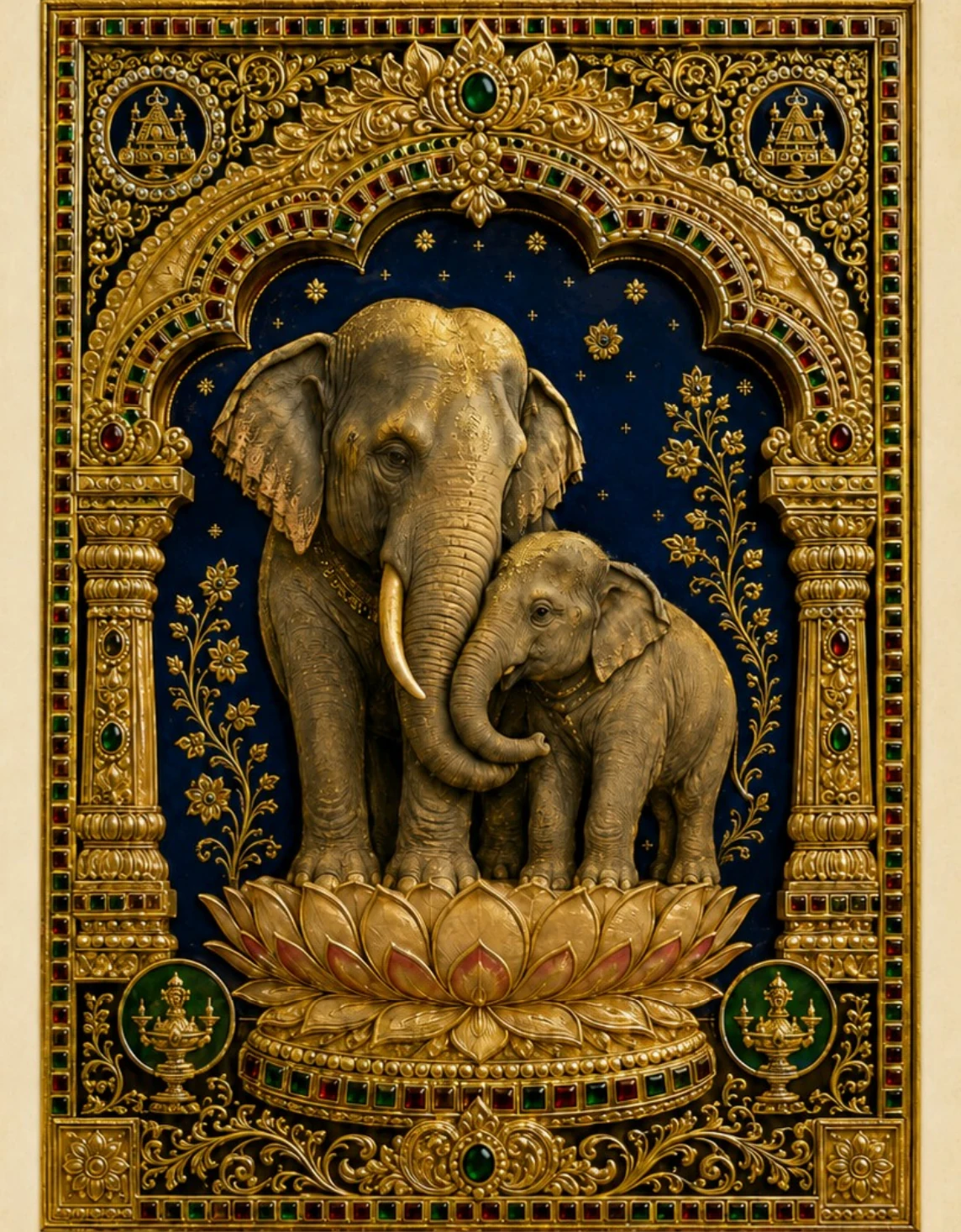 A mother elephant and calf in an ornate gold relief arch