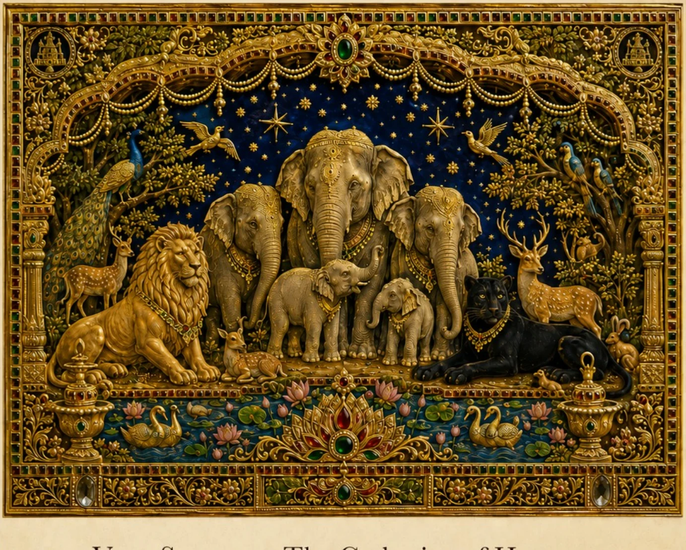 A gathering of animals beneath a starry gilded canopy