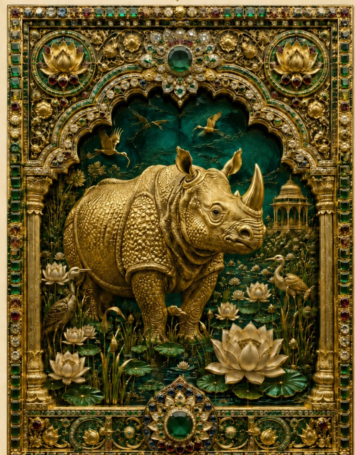 A golden rhinoceros among lotus flowers and emerald water