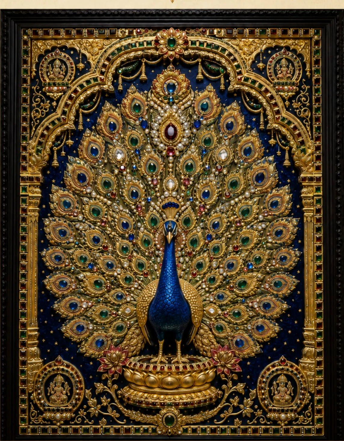 A peacock displaying a richly jewelled golden tail