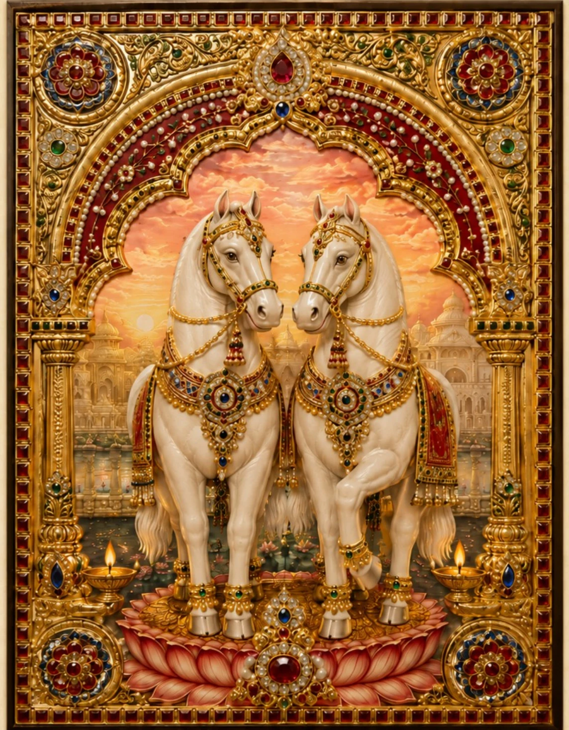 Two white horses framed by rose gold relief and palace architecture
