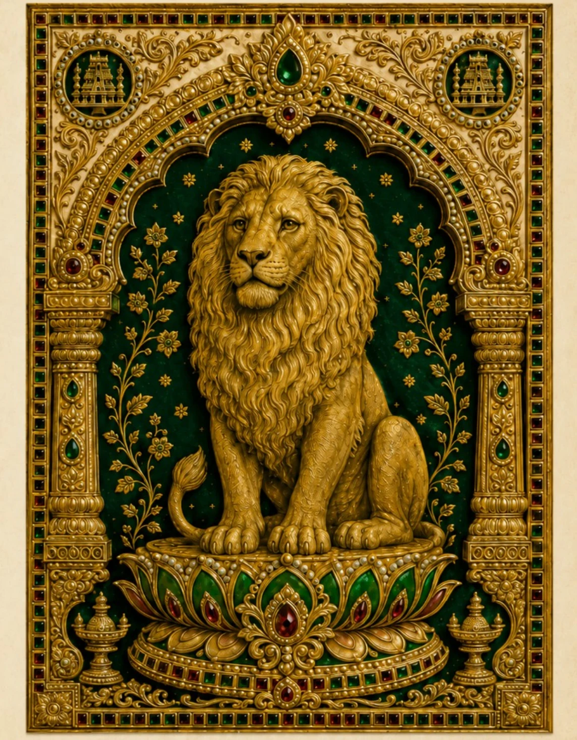 A golden lion seated on a jewelled lotus pedestal