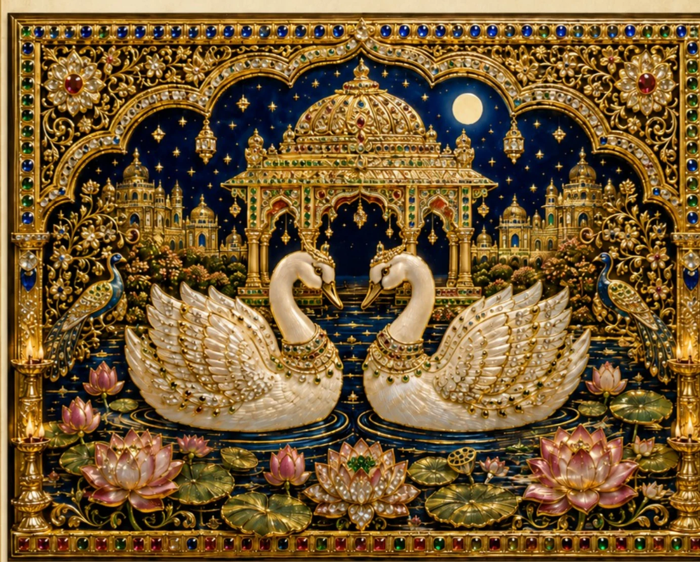 Two white swans on a lotus lake beneath a gilded pavilion