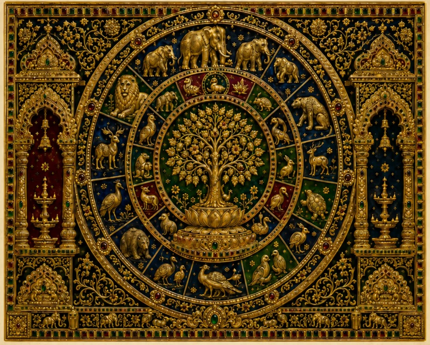 A golden tree surrounded by animals in a circular jewelled composition