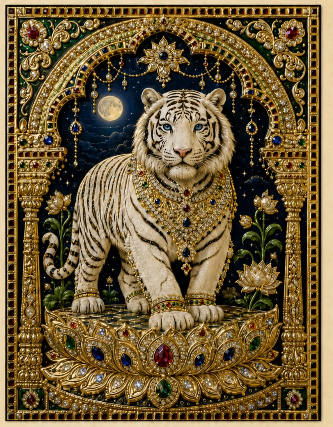 A white tiger beneath a full moon in a gilded arch