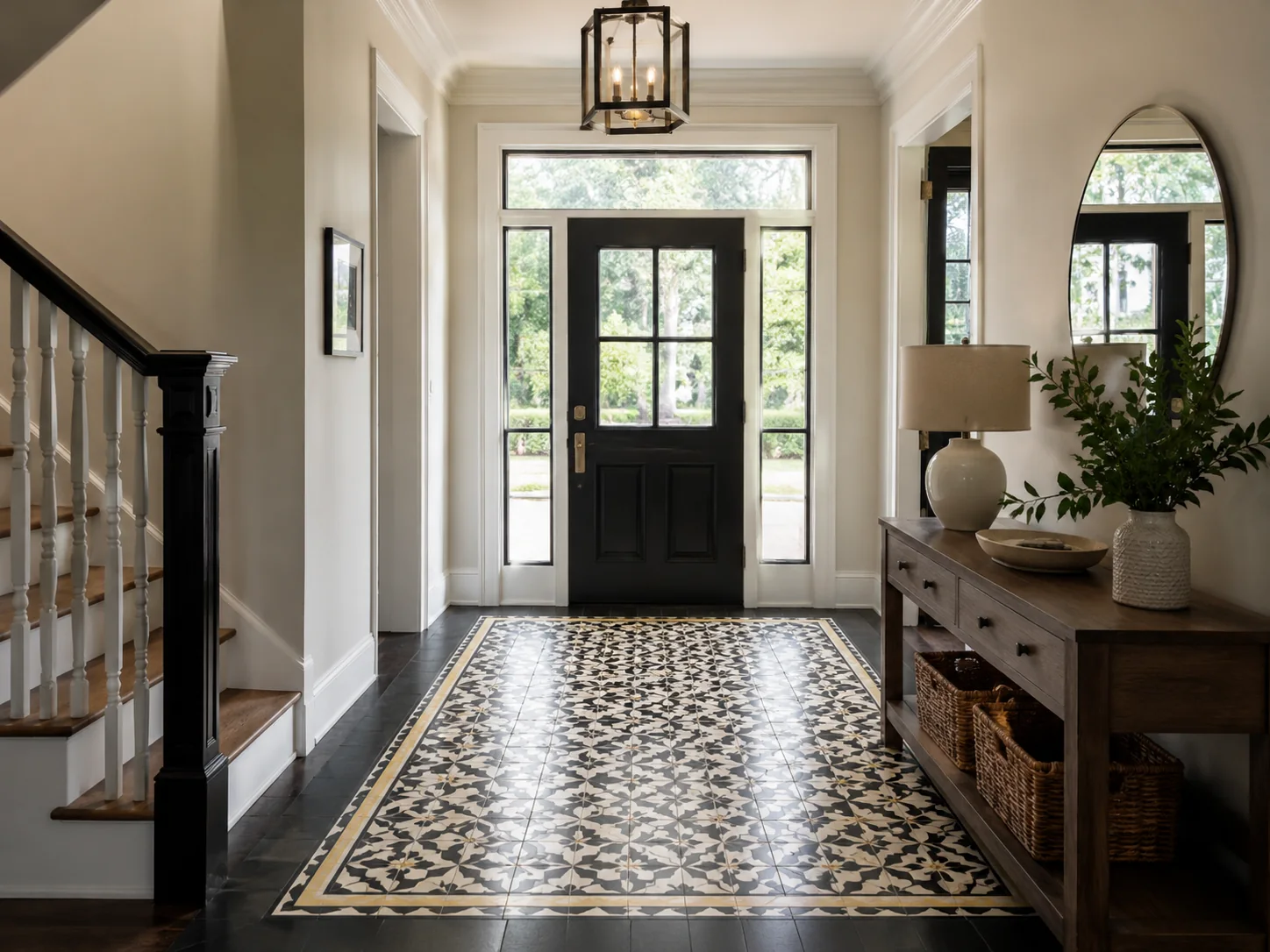 Black and ivory Athangudi entrance representing Contemporary Monochrome