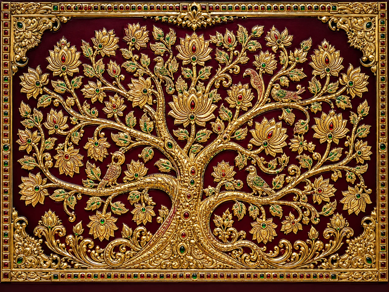 Contemporary Tanjore gold relief direction with lotus tree detail