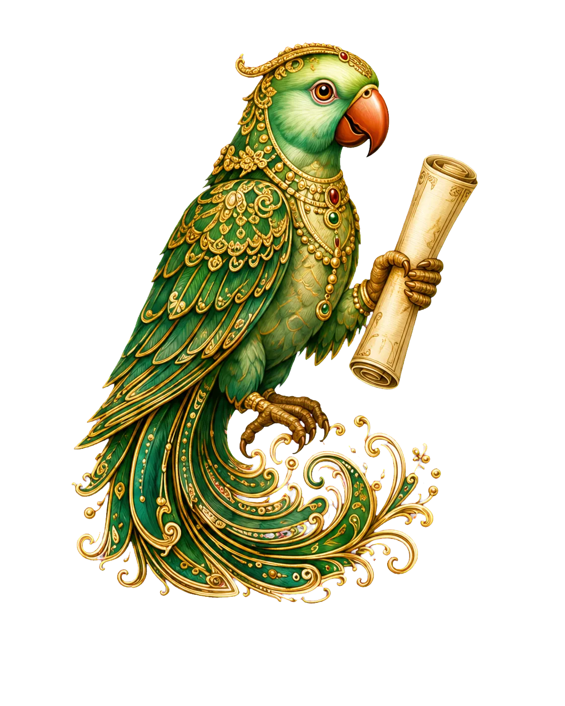 Chithira Kili, the green parrot story-carrier, holding a scroll